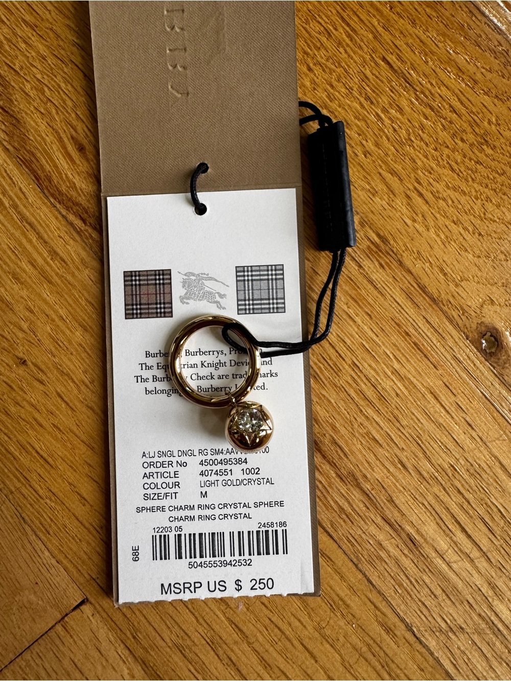 Burberry Light Gold Crystal Sphere Charm Ring